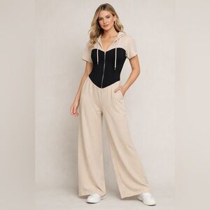 Short-Sleeve Hooded Jumpsuit with Black Bust Panel